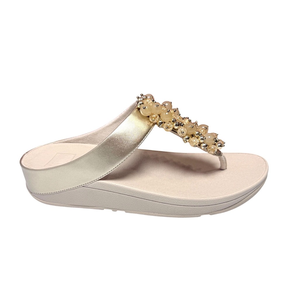 FitFlop Sandals Fino Bauble-Bead Toe-Post Platino Gold Wedge US 10